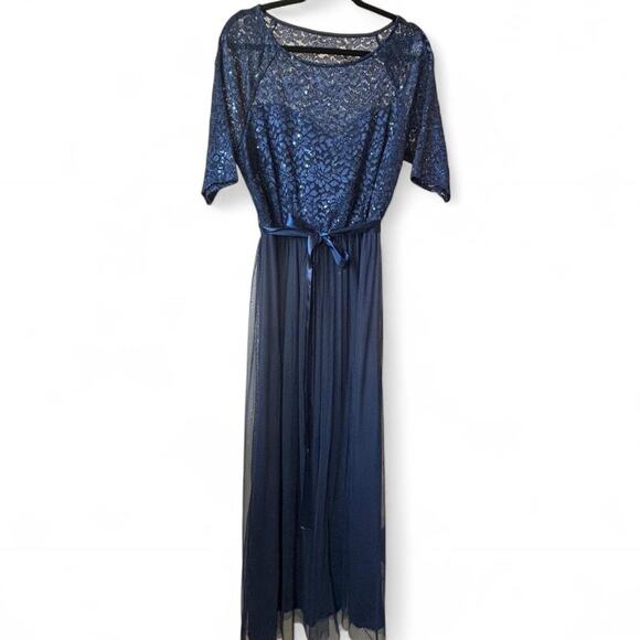 Vintage Navy Blue Sequin Lace Maxi Dress Romantic Formal Evening XXL - Picture 2 of 8